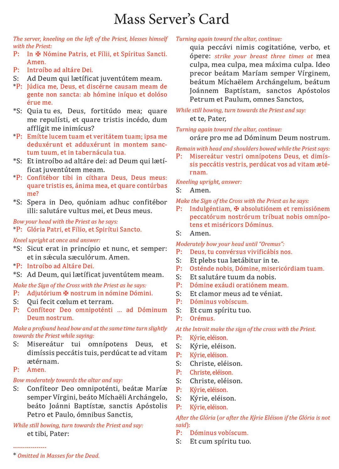 Serving At The Altar - Server Response Card