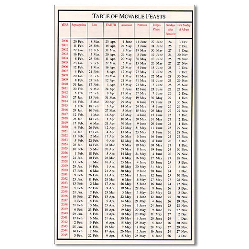 100 Pack - Table Of Movable Feasts
