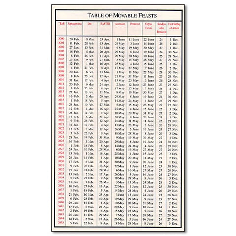 100 Pack - Table Of Movable Feasts